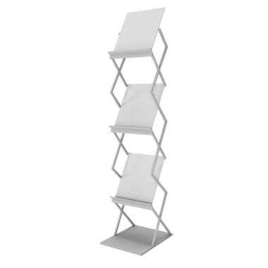 Dergi raf. Fuar standında broşürü ekran.