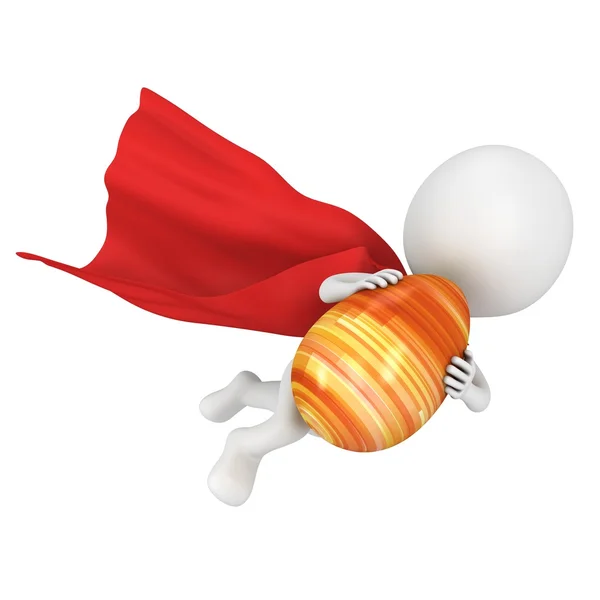 Brave superhero with red cloak fly with Easter Egg — 스톡 사진
