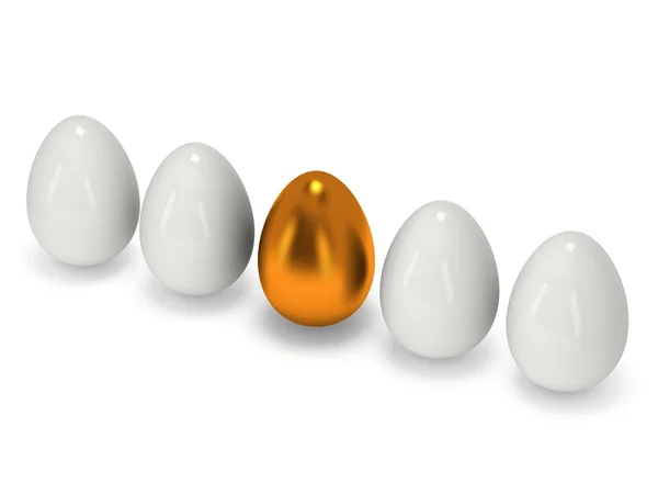 Ovo de ouro em uma fileira dos ovos brancos — Fotografia de Stock