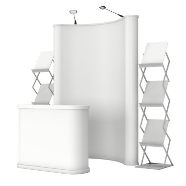 Pop-up stand with reception desk and magazine rack