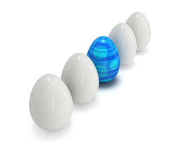Blue easter egg in a row of the white eggs