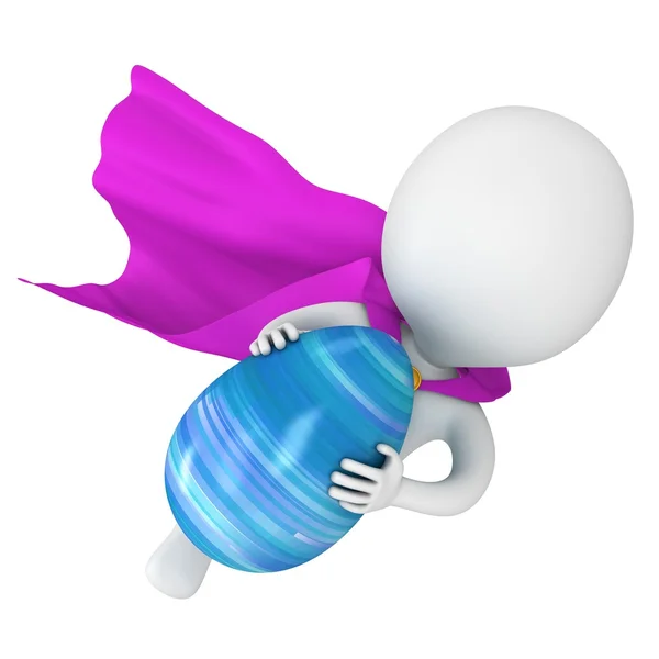 Dappere superheld met paarse mantel vlieg met Paasei — Stockfoto