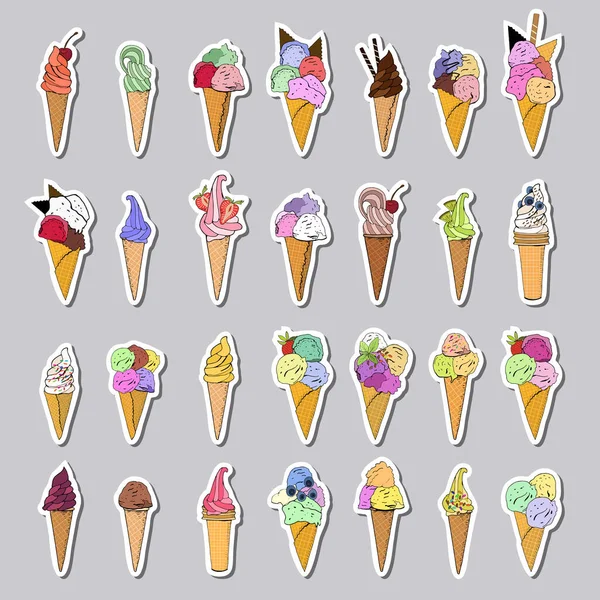 Ice cream sticker set. Excellent print for greeting cards, clothes, fabric, gift box. — Stock Vector