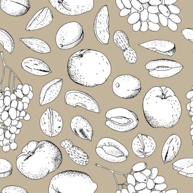 Kayısı, elma, üzüm ve fındıklı kusursuz meyve arkaplanı..