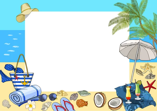 Tarjeta Horizontal Vacaciones Verano Con Elementos Playa Ilustración Vectorial — Archivo Imágenes Vectoriales
