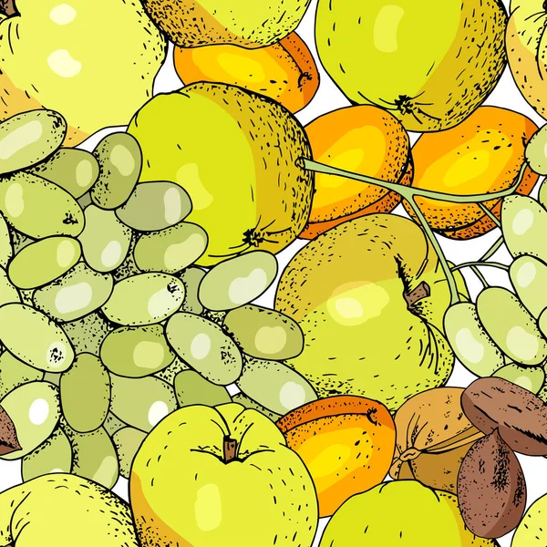 アプリコット リンゴ ブドウ ナッツとシームレスなフルーツの背景 — ストックベクタ