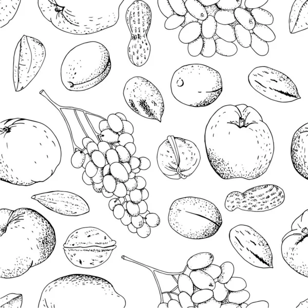 Fondo Vintage Sin Costuras Blanco Negro Con Frutas Frutos Secos — Vector de stock