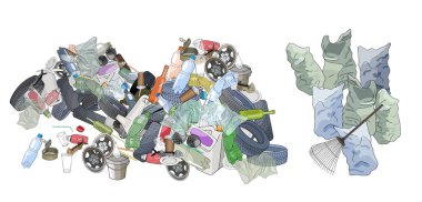 Çöp yığını, çöp torbaları ve tırmık. Ekoloji ve Dünya Temizlik Günü kavramı.