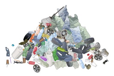 Çöp yığını, çöp torbası ve tırmık. Ekoloji ve Dünya Temizlik Günü kavramı.