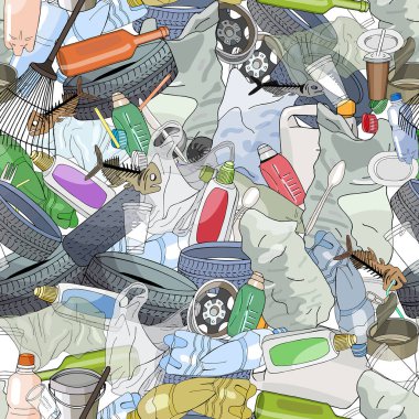 Farklı türde plastik çöplerle kusursuz desen. Ekoloji ve Dünya Temizlik Günü kavramı.