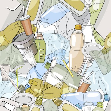 Farklı türde plastik çöplerle kusursuz desen. Ekoloji ve Dünya Temizlik Günü kavramı.