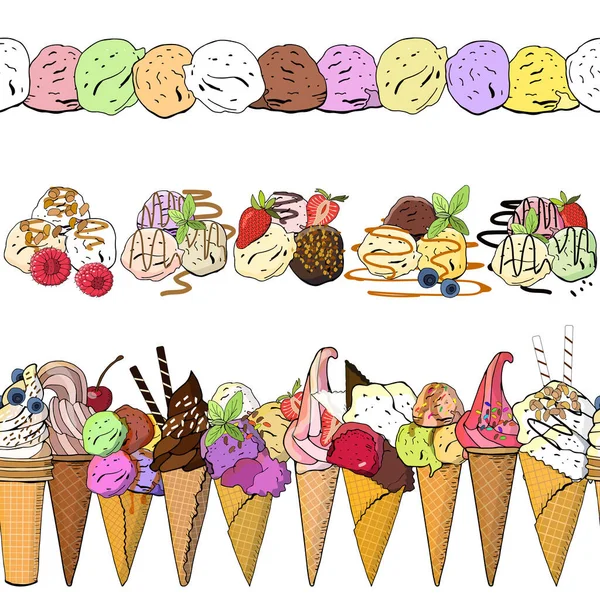 Patrones Horizontales Sin Costura Con Varios Helados Ilustración Vectorial Elementos — Archivo Imágenes Vectoriales