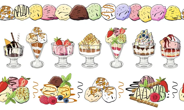 Set Seamless Ice Cream Borders Colorful Ice Cream Balls Berries — Stock Vector
