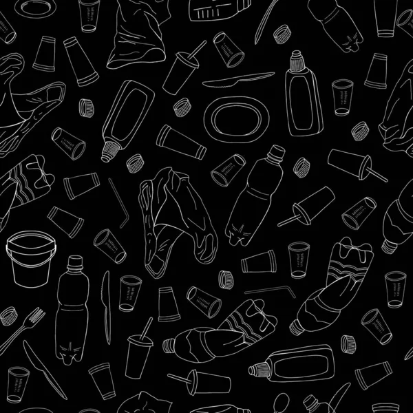 プラスチックごみの異なる種類のシームレスなパターンは 黒に隔離されます 生態系と世界の清掃の日の概念 — ストックベクタ
