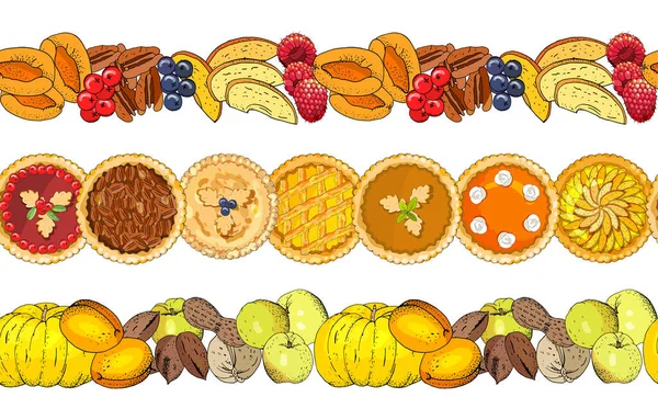 Fronteras Sin Costura Otoño Con Pasteles Bayas Frutas Nueces Calabazas — Vector de stock