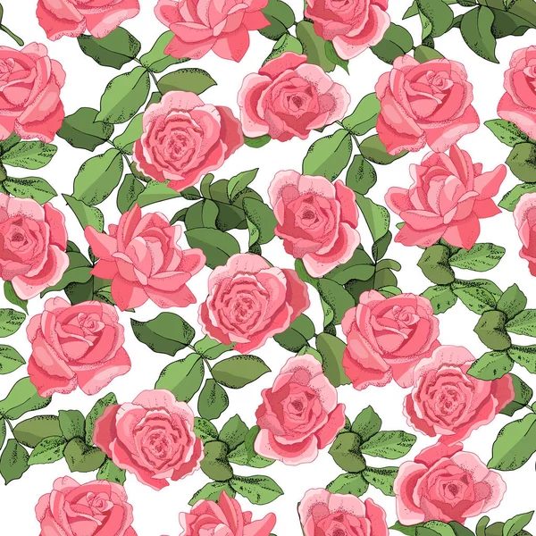 Květiny Bezešvé Vzor Izolované Bílém Pozadí Ručně Kreslené Ilustrace Růží — Stockový vektor