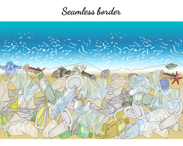 无缝隙的边界与垃圾在海岸上 生态灾难的概念 — 图库矢量图片