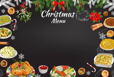 Elle çizilmiş tebeşir restoranı menü şablonu tahtada. Vektör tatil geçmişi. Geleneksel Noel sembolleri ve yemekleri.