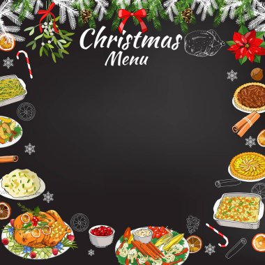 Elle çizilmiş tebeşir restoranı şablonu tahtada şablonu. Vektör tatil geçmişi. Geleneksel Noel sembolleri ve yemekleri.