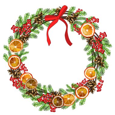 Geleneksel yeni yıl sembolleriyle vektör çelengi ve beyaza izole edilmiş Noel çelengi. Festival dekorasyonu, duyurular, kartlar, davetiyeler, posterler için..