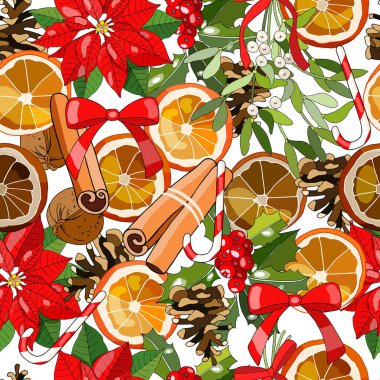 Noktalı, tarçın çubuklu, kurutulmuş portakal, koni, şeker kamışı, Holly, ökseotu, fındık. Geleneksel Noel sembolleri.