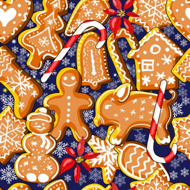 Geleneksel Noel sembollerine, kar tanelerine, yıldızlara ve zencefilli ekmeklere sahip sonsuz doku.