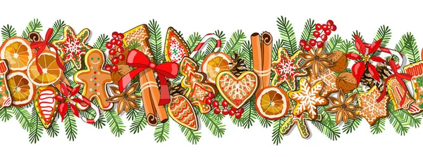 被白色背景隔离的矢量无缝边界 Gingerbreads和新年和圣诞节的标志 明信片 海报的无限模板 — 图库矢量图片