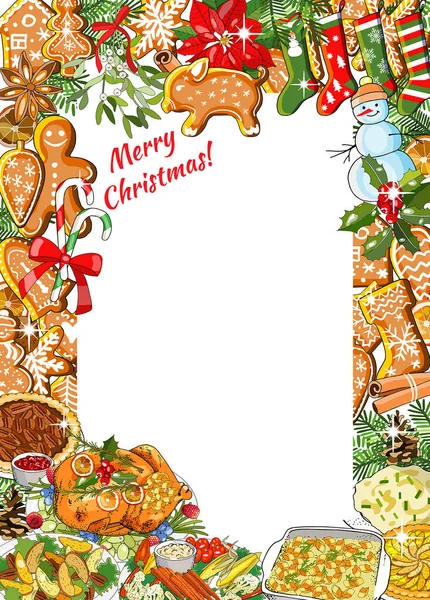 Traditionelle Weihnachtsgrußschablone Mit Mistel Stechpalme Tannenzapfen Fichtenzweigen Schneeflocken Lebkuchen Truthahn — Stockvektor