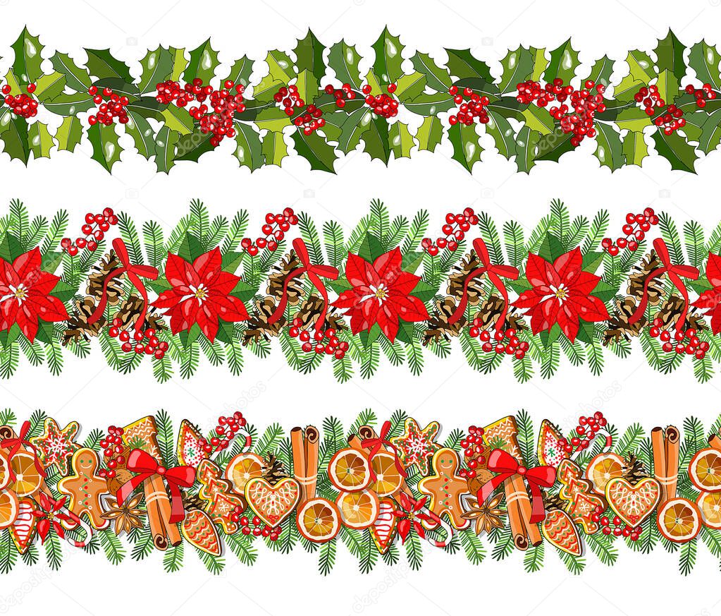 Set of vector seamless patterns with traditional Christmas and New Year symbols. Endless horizontal pattern brush. Hand draw texture for your festive fabric,