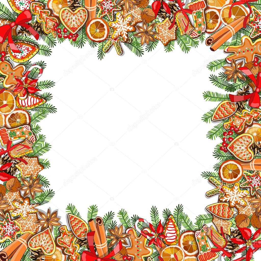 Vector festive template isolated on white background. Gingerbreads and New year and Christmas symbols. Holiday card for your design, announcements, postcards, posters.