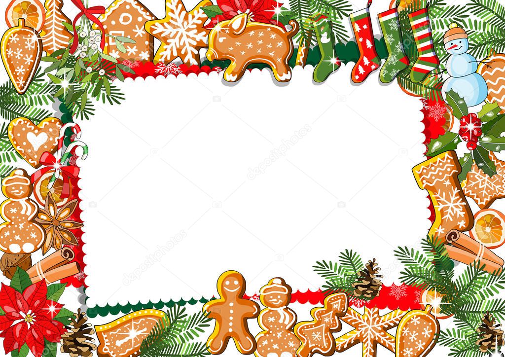 Traditional Christmas greeting template with mistletoe, holly, fir cone, spruce branches, snowflakes, gingerbreads, turkey, cranberry sauce, pie.