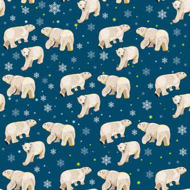 Mavi arka planda kutup ayıları, yıldızlar ve kar taneleri olan kusursuz desen. Vektör çizimi. Tasarımınız, kumaşlarınız, duvar kağıtlarınız, tebrik kartlarınız, paketleriniz için sonsuz doku.