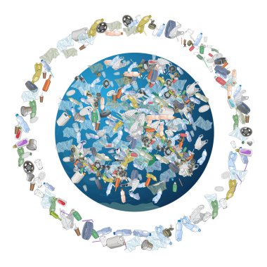 Gezegen kirliliği sorunu. Uzay enkazı. Çöp, plastik, gezegendeki torbalar beyaz arka planda izole edilmiş. Ekoloji ve Dünya Temizlik Günü kavramı.