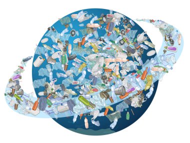 Gezegen kirliliği sorunu. Uzay enkazı. Çöp, plastik, gezegendeki torbalar beyaz arka planda izole edilmiş. Ekoloji ve Dünya Temizlik Günü kavramı.