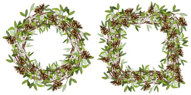 Vector yuvarlak çerçeve ve ökseotu, koni, beyaz üzerine izole şeker kamışı ile kusursuz sınır. Tasarımınız için çelenk ve şablon, Noel duyuruları, tebrik kartları, posterler.