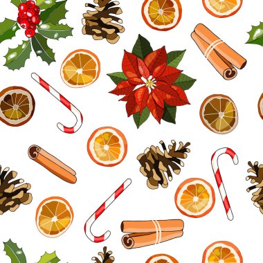 Geleneksel Noel puantiyeleri, tarçın çubuğu, kurutulmuş portakal, koni, şeker kamışı ve çoban püskülü içeren kusursuz şenlik deseni..