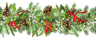 Ökseotu, ladin konisi, ladin dalları, poinsettia, Holly, beyaz üzerine izole edilmiş karamel kamışı....