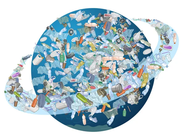 Het Probleem Van Vervuiling Van Planeet Ruimtepuin Het Vuilnis Plastic — Stockvector