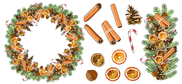 Vektorový Vánoční Věnec Skořicovými Tyčinkami Sušenými Pomeranči Karamelovou Třtinou Vlašskými — Stockový vektor
