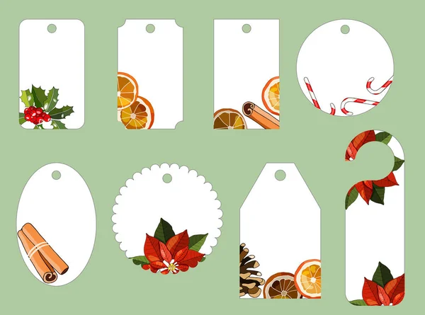 Vector Conjunto Etiquetas Regalo Navidad Con Naranja Seca Palo Canela — Vector de stock