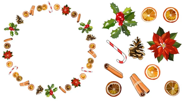 矢量圆形框架与一品红 肉桂棒 为你的设计 圣诞通告 海报献上花圈 — 图库矢量图片