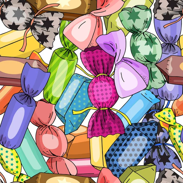 Sweets Seamless Background Colorful Candy Vector Pattern Design Textiles Wallpaper — Stock Vector