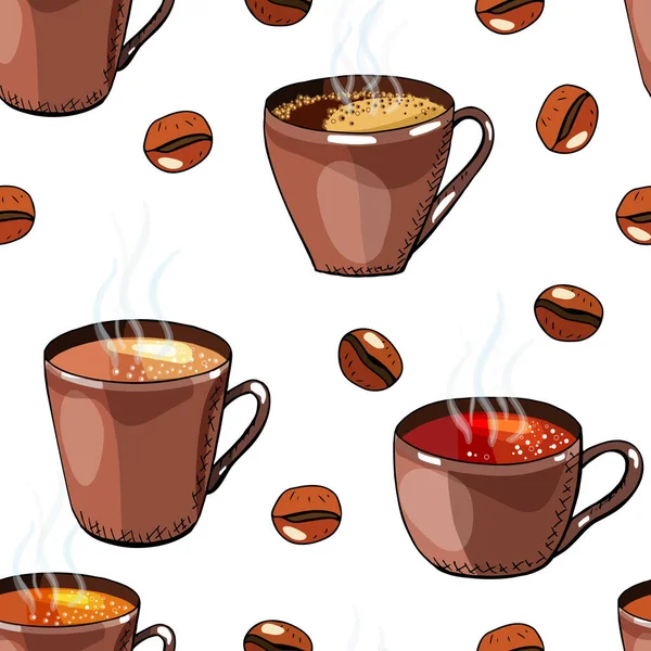 Seamless Background Coffee Beans Cups Coffee Tea Vector Hand Drawn — Stock Vector