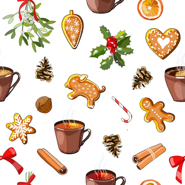 Nahtloser Hintergrund Mit Weihnachtssymbolen Kaffee Und Teetassen Weihnachtssymbolen Vektor Handgezeichnete — Stockvektor