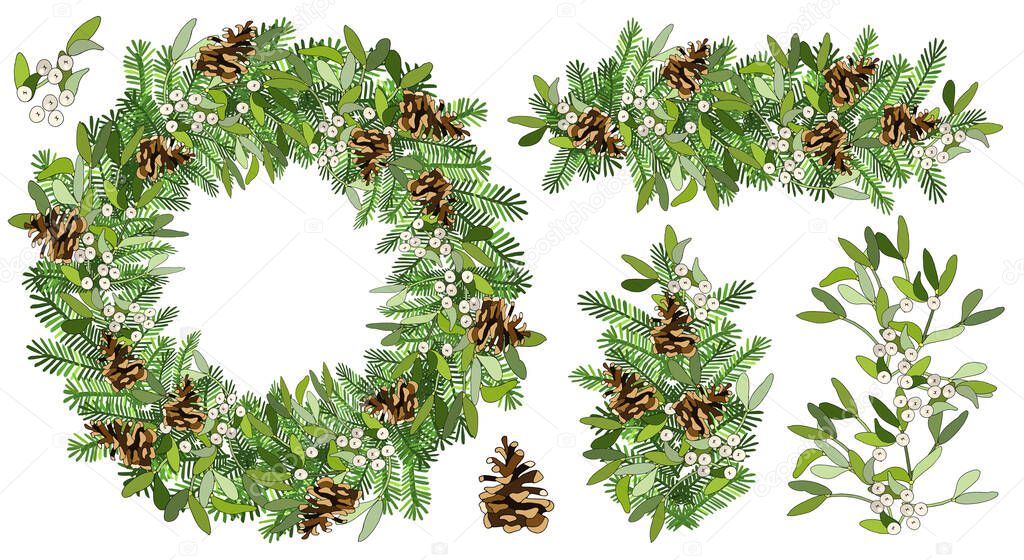 Vector Round Christmas wreath with mistletoe, fir cone, spruce branches isolated on white. For festive decoration, announcements, cards, invitations, posters.