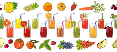 Doğal meyve ve meyve suyunun sınırsız sınırı. Tasarımınız, anonslarınız, kartlarınız, posterleriniz, restoran menünüz için kusursuz el çizimi illüstrasyonunuz.