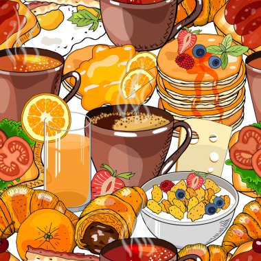 Vector seamless pattern with cups of coffee, tea, fried eggs and different food. Abstract Breakfast background. Endmless vector hand drawn texture for menu design, wallpaper, textile. vector Vector seamless pattern with cups of coffee, tea, fried eggs and different food. Abstract Breakfast background. Endmless vector hand drawn texture for menu design, wallpaper, textile. vector