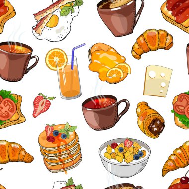 Vector seamless pattern with cups of coffee, tea, fried eggs and different food. Abstract Breakfast background. Endmless vector hand drawn texture for menu design, wallpaper, textile. vector Vector seamless pattern with cups of coffee, tea, fried eggs and different food. Abstract Breakfast background. Endmless vector hand drawn texture for menu design, wallpaper, textile. vector