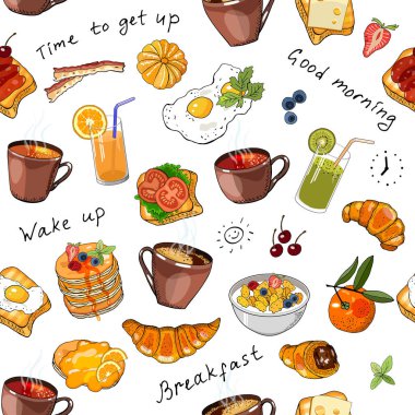 Vector seamless pattern with cups of coffee, tea, fried eggs and different food. Abstract Breakfast background. Endmless vector hand drawn texture for menu design, wallpaper, textile. vector Vector seamless pattern with cups of coffee, tea, fried eggs and different food. Abstract Breakfast background. Endmless vector hand drawn texture for menu design, wallpaper, textile. vector