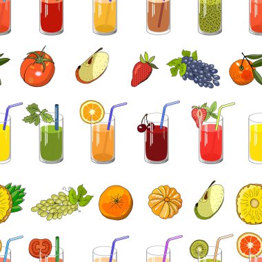 Doğal meyve suyu ve meyveli kusursuz desen. Beyaz arka planda izole edilmiş sonsuz el çizimi vektörü. Tasarımınız için, duyurular, kartlar, posterler, restoran menüsü.